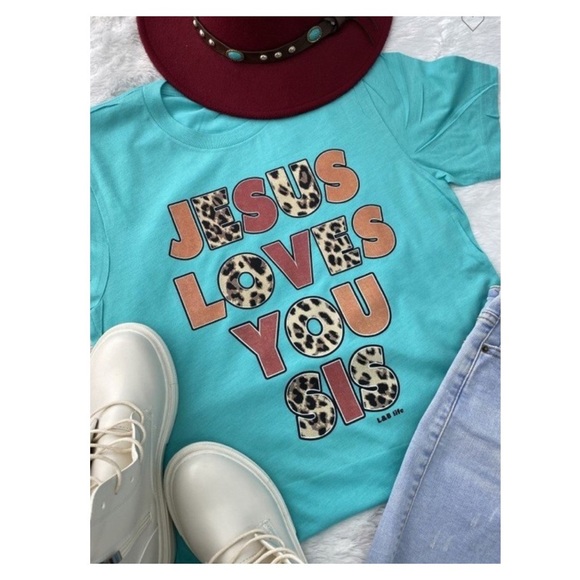 Turquoise & Animal Print Graphic Jesus Loves You Sis Graphic Tee